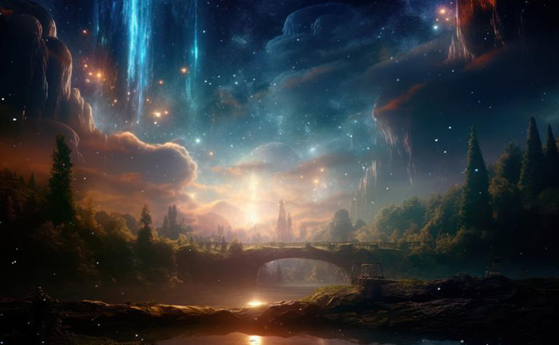 森と湖と夜空に浮かぶ星空の風景